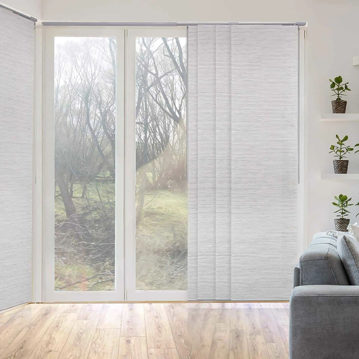 GoDear Design Deluxe Adjustable Sliding Panel 51.5-86 x 96, 4-Rail, Natural Woven best patio door blinds